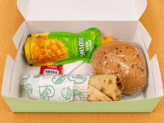 Burger,Veg Kathi Roll, Paperboat juice