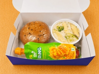 Burger,Pasta, Paperboat juice