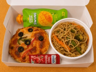 Mini pizza, Noodles, Paperboat juice